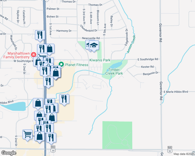 map of restaurants, bars, coffee shops, grocery stores, and more near 403 Plaza Heights Road in Marshalltown