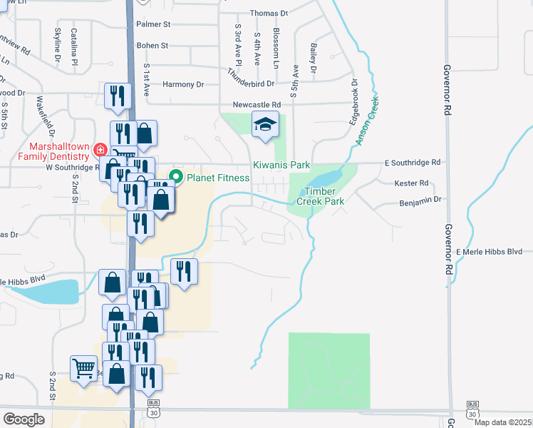 map of restaurants, bars, coffee shops, grocery stores, and more near 403 Plaza Heights Road in Marshalltown