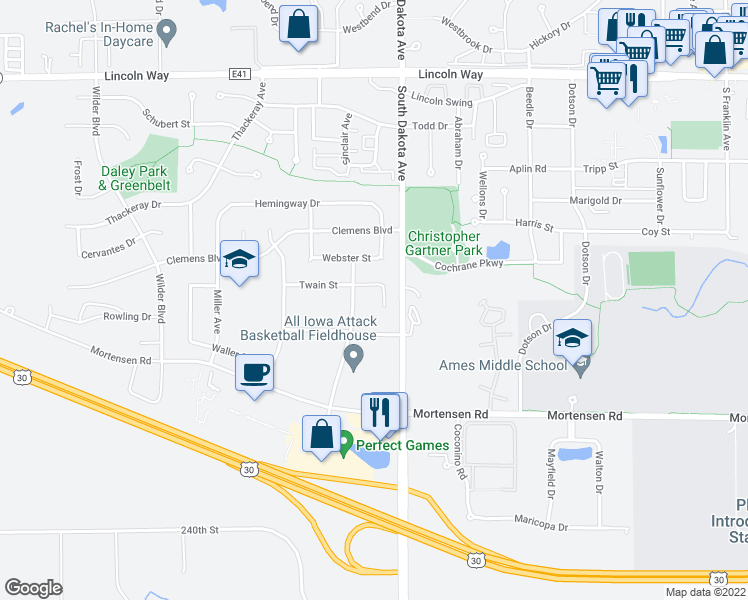 map of restaurants, bars, coffee shops, grocery stores, and more near 4525 Steinbeck Street in Ames