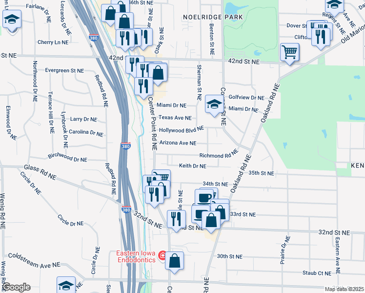map of restaurants, bars, coffee shops, grocery stores, and more near 1635 Arizona Avenue Northeast in Cedar Rapids