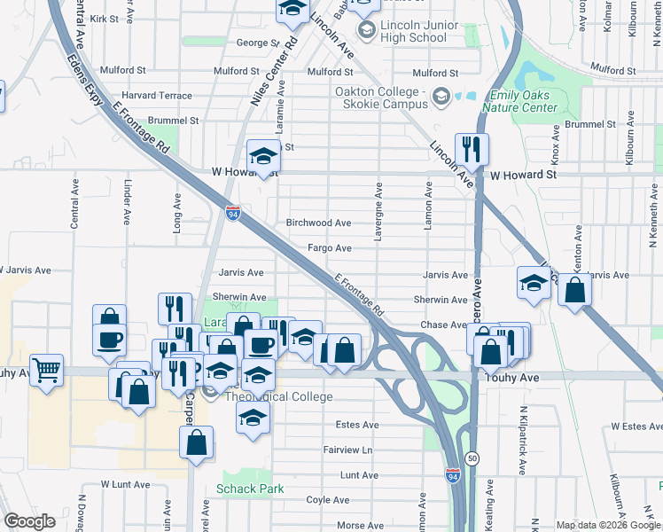 map of restaurants, bars, coffee shops, grocery stores, and more near 5037 Jarvis Avenue in Skokie