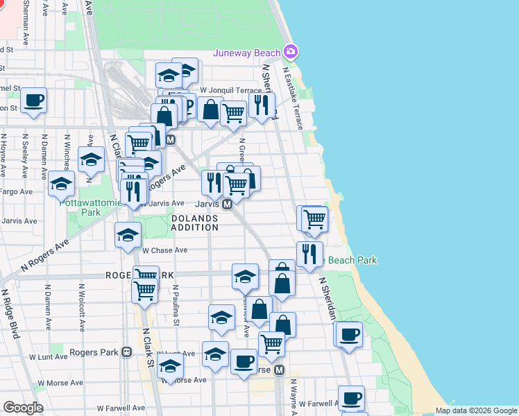 map of restaurants, bars, coffee shops, grocery stores, and more near 1429 West Jarvis Avenue in Chicago