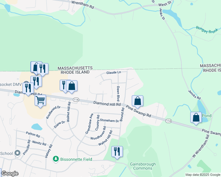 map of restaurants, bars, coffee shops, grocery stores, and more near 5 Star Avenue in Woonsocket