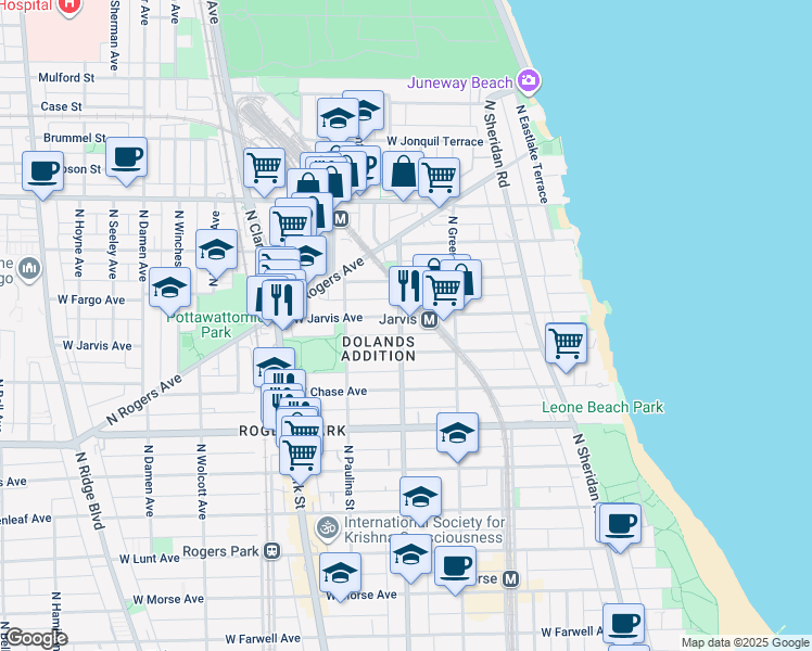 map of restaurants, bars, coffee shops, grocery stores, and more near 1600 West Sherwin Avenue in Chicago