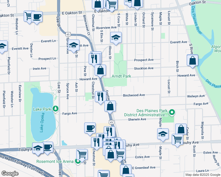 map of restaurants, bars, coffee shops, grocery stores, and more near 1500 Birchwood Avenue in Des Plaines