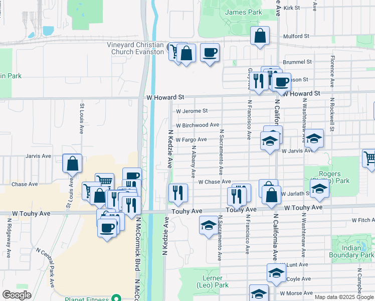 map of restaurants, bars, coffee shops, grocery stores, and more near 3110 West Jarvis Avenue in Chicago