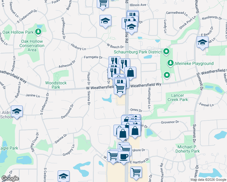 map of restaurants, bars, coffee shops, grocery stores, and more near 520-590 South Roselle Road in Schaumburg