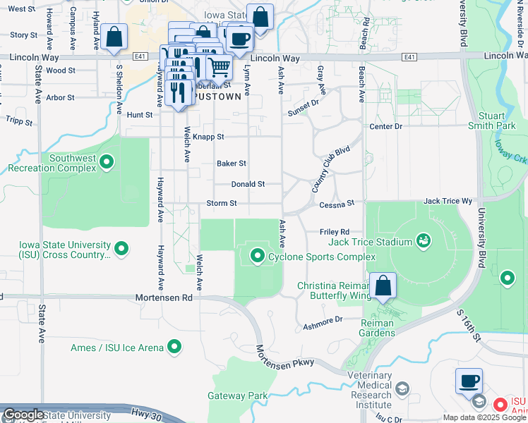 map of restaurants, bars, coffee shops, grocery stores, and more near 611 Ash Avenue in Ames