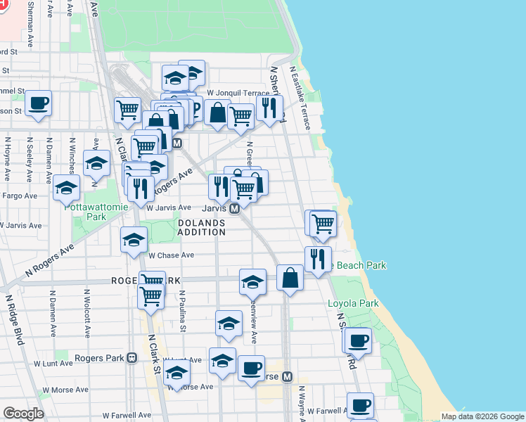 map of restaurants, bars, coffee shops, grocery stores, and more near 1431 West Jarvis Avenue in Chicago
