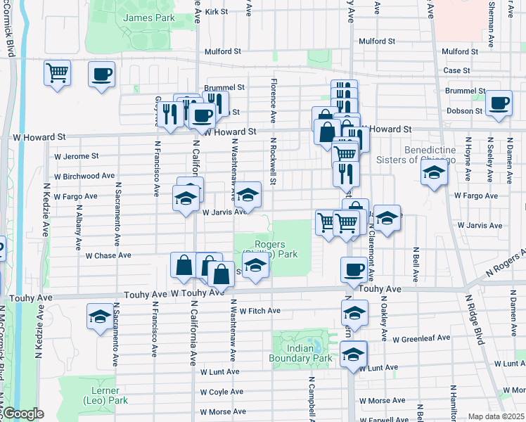 map of restaurants, bars, coffee shops, grocery stores, and more near 2627 West Jarvis Avenue in Chicago
