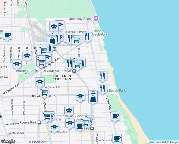 map of restaurants, bars, coffee shops, grocery stores, and more near 1362 West Jarvis Avenue in Chicago