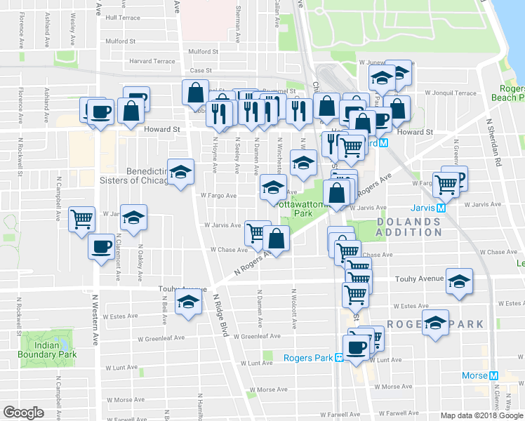 map of restaurants, bars, coffee shops, grocery stores, and more near 7384 North Winchester Avenue in Chicago