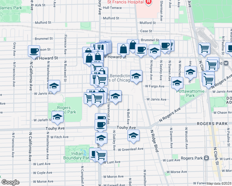 map of restaurants, bars, coffee shops, grocery stores, and more near 7429 North Claremont Avenue in Chicago