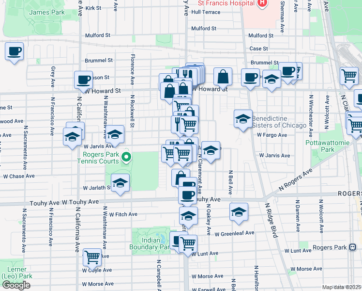 map of restaurants, bars, coffee shops, grocery stores, and more near 7425 North Western Avenue in Chicago