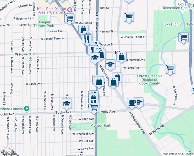 map of restaurants, bars, coffee shops, grocery stores, and more near 7436 North Harlem Avenue in Chicago