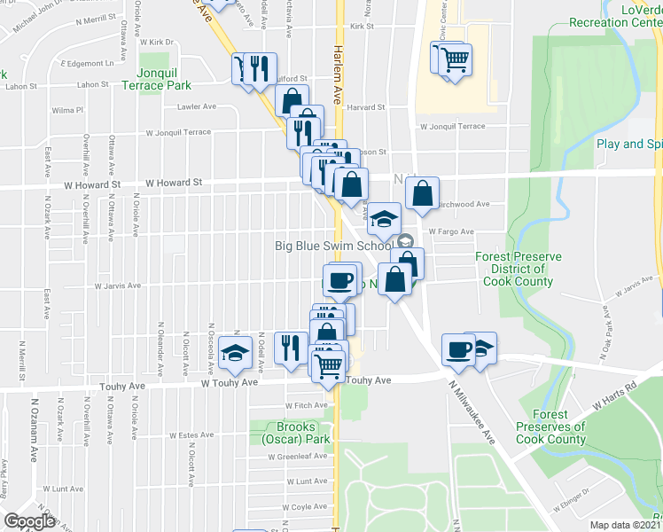 map of restaurants, bars, coffee shops, grocery stores, and more near 7436 North Harlem Avenue in Chicago