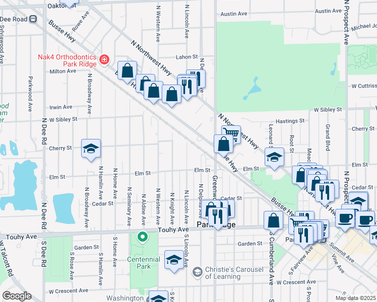 map of restaurants, bars, coffee shops, grocery stores, and more near 500 North Lincoln Avenue in Park Ridge