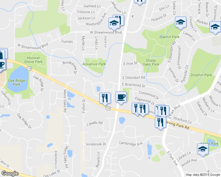 map of restaurants, bars, coffee shops, grocery stores, and more near 66 West Briarwood Drive in Streamwood