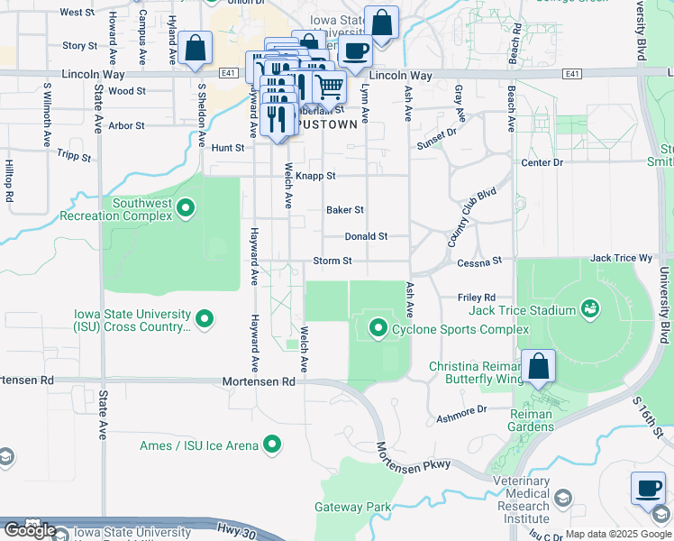 map of restaurants, bars, coffee shops, grocery stores, and more near 2329 Storm Street in Ames
