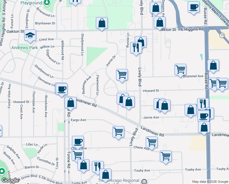 map of restaurants, bars, coffee shops, grocery stores, and more near 650 Perrie Drive in Elk Grove Village
