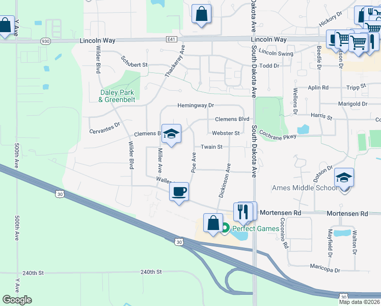 map of restaurants, bars, coffee shops, grocery stores, and more near 705 Poe Avenue in Ames