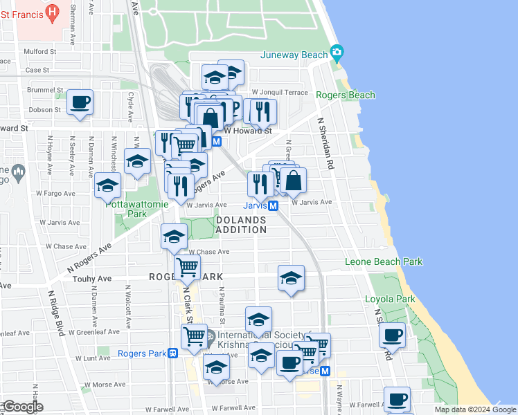 map of restaurants, bars, coffee shops, grocery stores, and more near 7367 North Ashland Avenue in Chicago