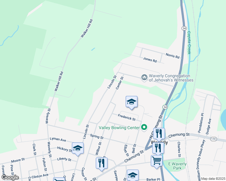 map of restaurants, bars, coffee shops, grocery stores, and more near 203 Center Street in Waverly