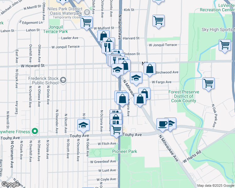 map of restaurants, bars, coffee shops, grocery stores, and more near 7414 North Harlem Avenue in Chicago