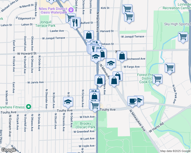 map of restaurants, bars, coffee shops, grocery stores, and more near 7436 North Harlem Avenue in Chicago