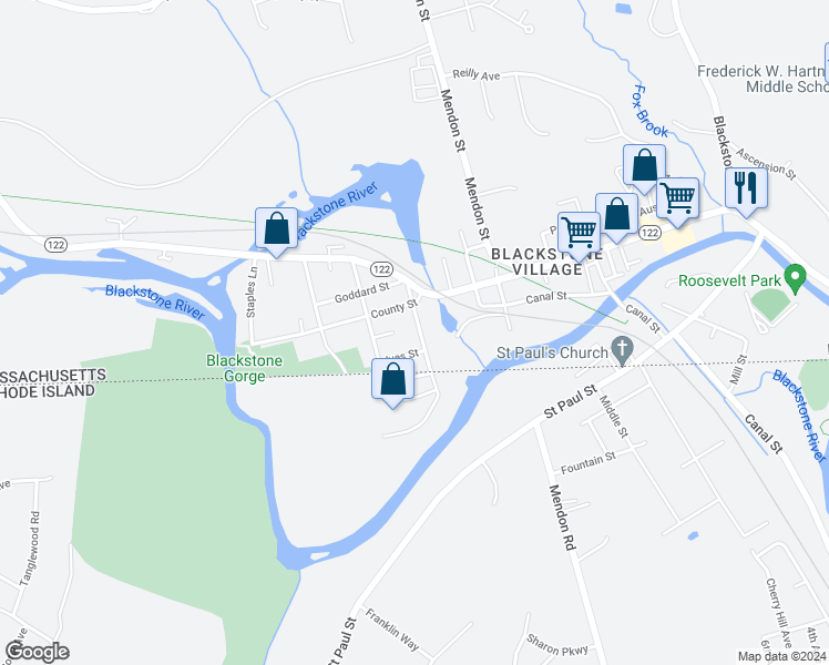 map of restaurants, bars, coffee shops, grocery stores, and more near 18 Butler Street in Blackstone