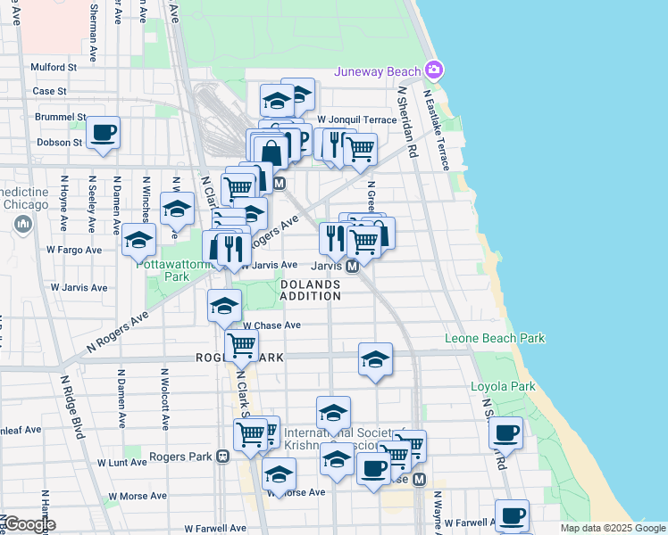 map of restaurants, bars, coffee shops, grocery stores, and more near 7367 North Ashland Boulevard in Chicago