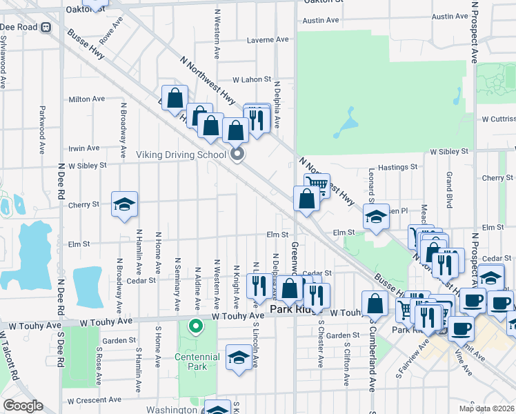 map of restaurants, bars, coffee shops, grocery stores, and more near 500 North Lincoln Avenue in Park Ridge