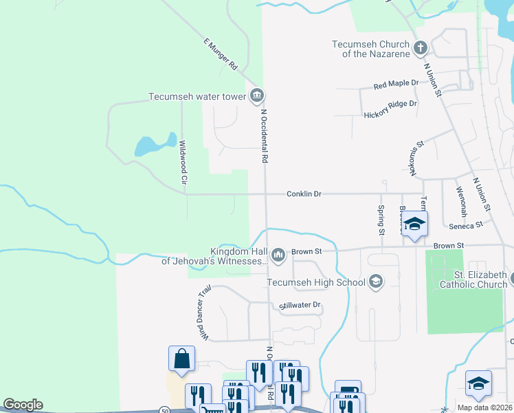 map of restaurants, bars, coffee shops, grocery stores, and more near 805 North Occidental Road in Tecumseh
