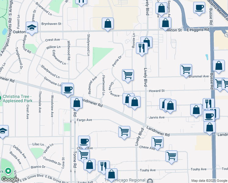 map of restaurants, bars, coffee shops, grocery stores, and more near 675 Grove Terrace in Elk Grove Village