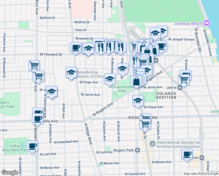 map of restaurants, bars, coffee shops, grocery stores, and more near 7384 North Winchester Avenue in Chicago