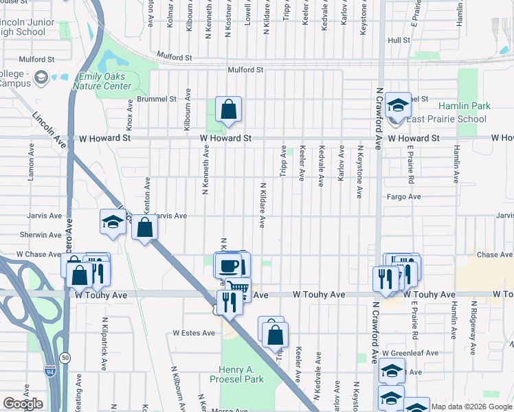 map of restaurants, bars, coffee shops, grocery stores, and more near 7441 Lowell Avenue in Skokie