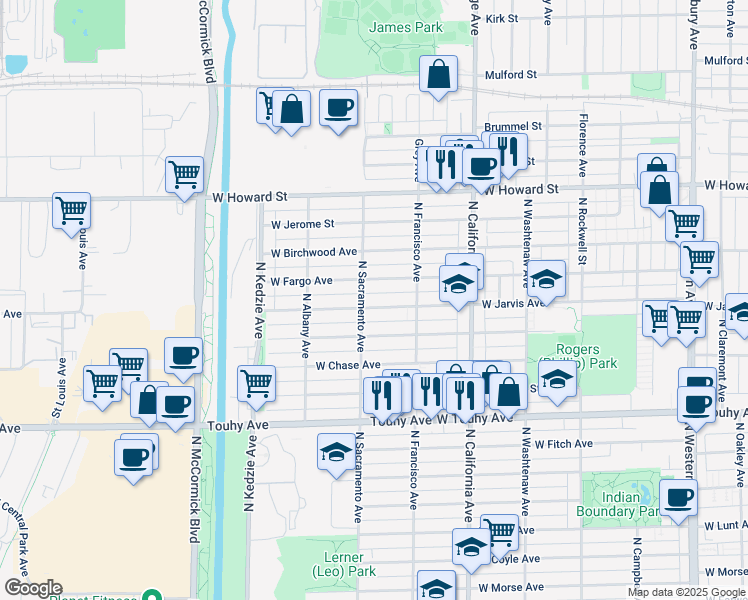 map of restaurants, bars, coffee shops, grocery stores, and more near 2935 West Fargo Avenue in Chicago