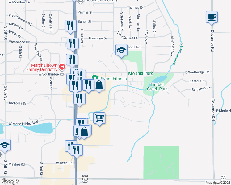 map of restaurants, bars, coffee shops, grocery stores, and more near 200 Plaza Heights Road in Marshalltown
