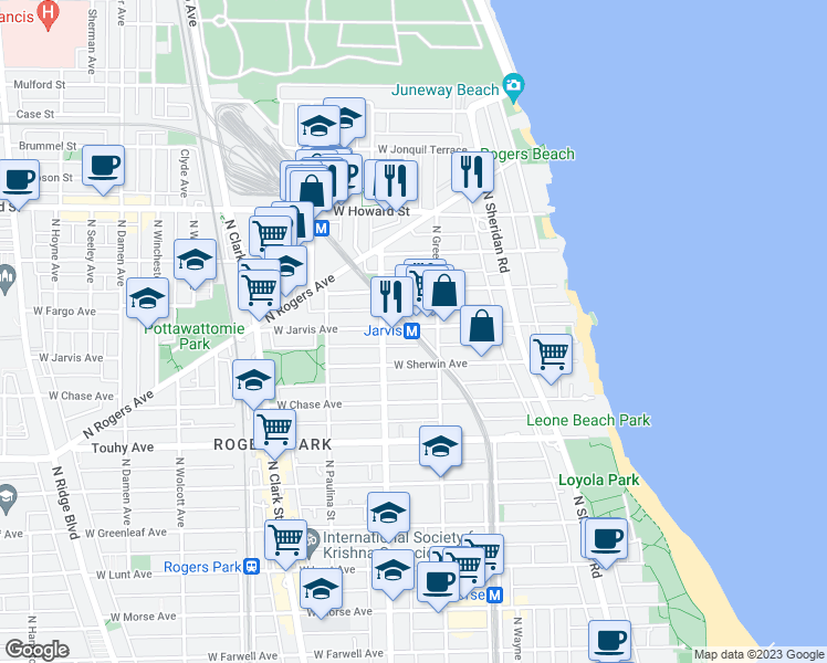 map of restaurants, bars, coffee shops, grocery stores, and more near 1524 West Jarvis Avenue in Chicago