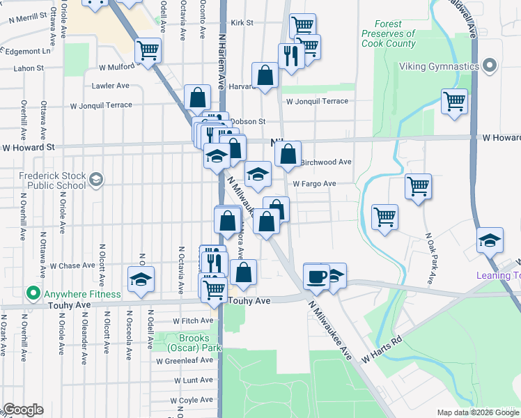 map of restaurants, bars, coffee shops, grocery stores, and more near 7429 North Milwaukee Avenue in Niles