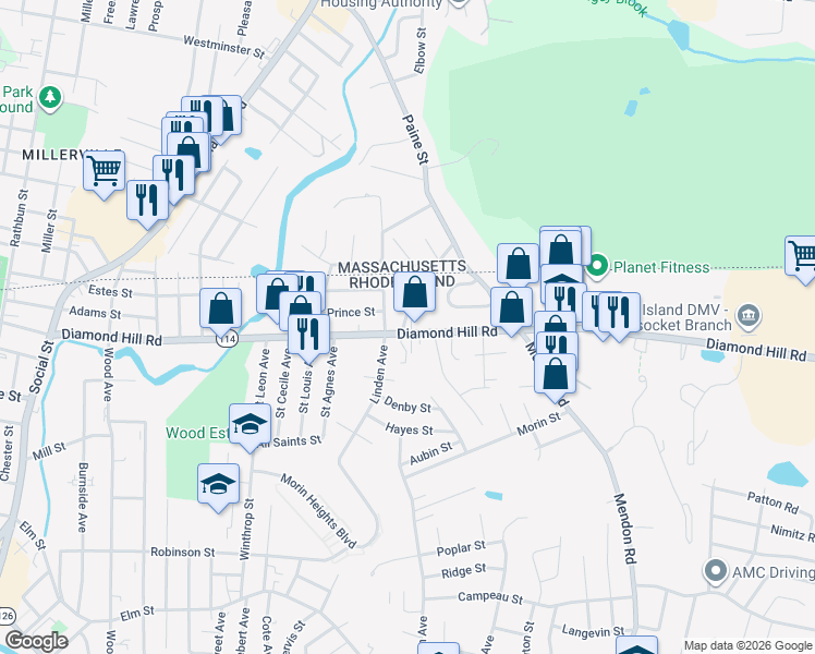 map of restaurants, bars, coffee shops, grocery stores, and more near 77 Rome Avenue in Woonsocket