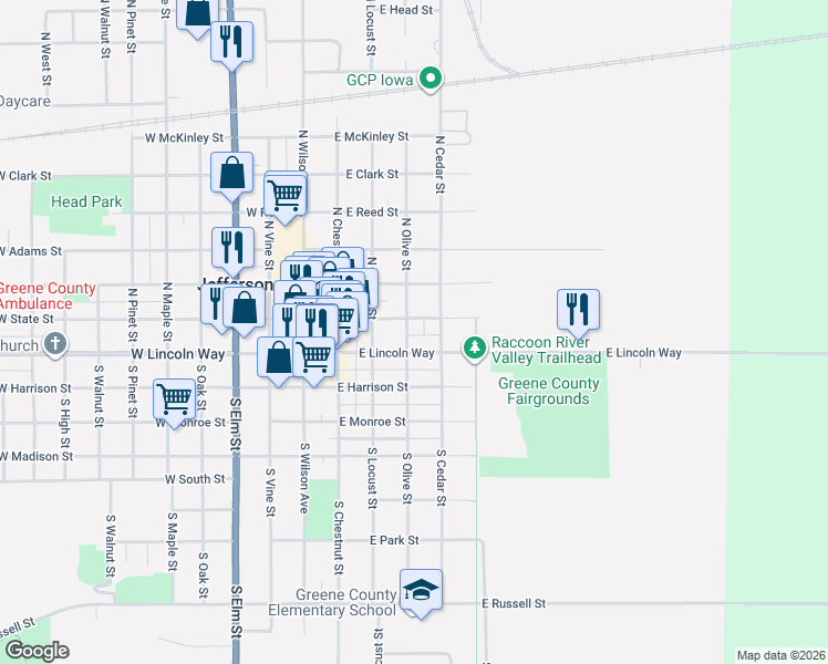 map of restaurants, bars, coffee shops, grocery stores, and more near 202 North Olive Street in Jefferson