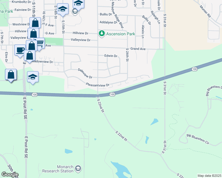 map of restaurants, bars, coffee shops, grocery stores, and more near 2351 Pleasantview Drive in Marion