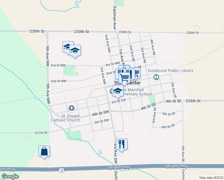 map of restaurants, bars, coffee shops, grocery stores, and more near 214 West Main Street in State Center