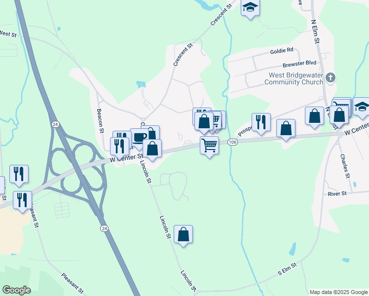 map of restaurants, bars, coffee shops, grocery stores, and more near 440 West Center Street in West Bridgewater