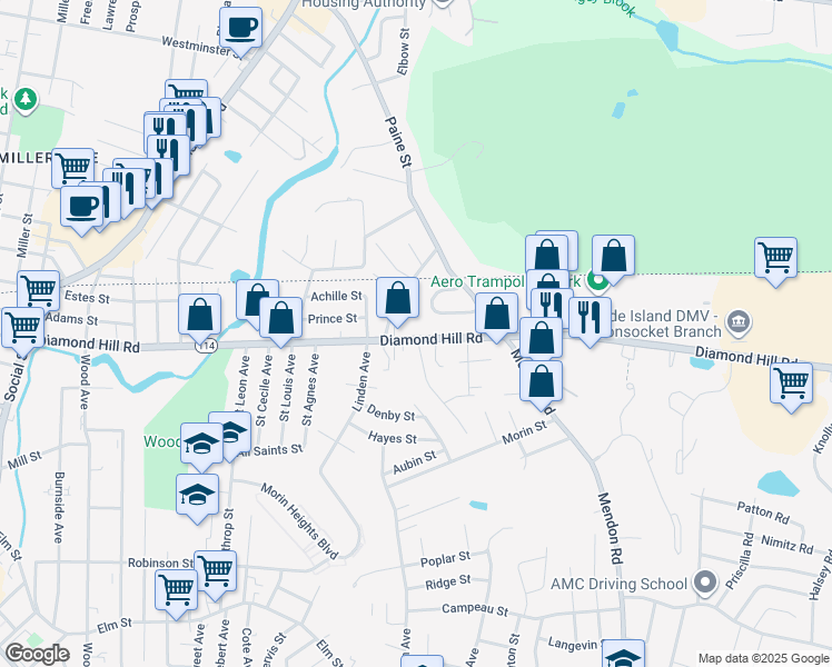map of restaurants, bars, coffee shops, grocery stores, and more near 75 Atlanta Street in Woonsocket