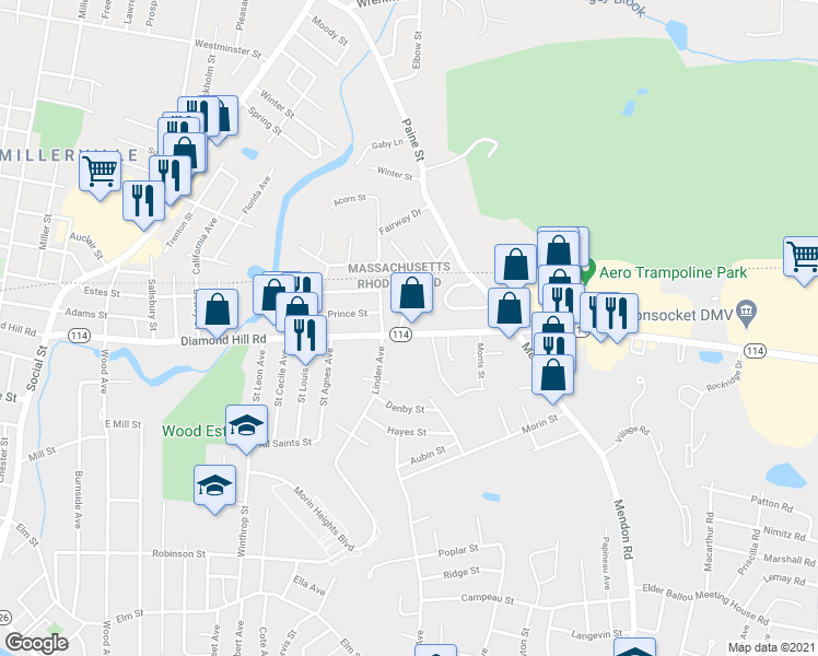 map of restaurants, bars, coffee shops, grocery stores, and more near 75 Atlanta Street in Woonsocket