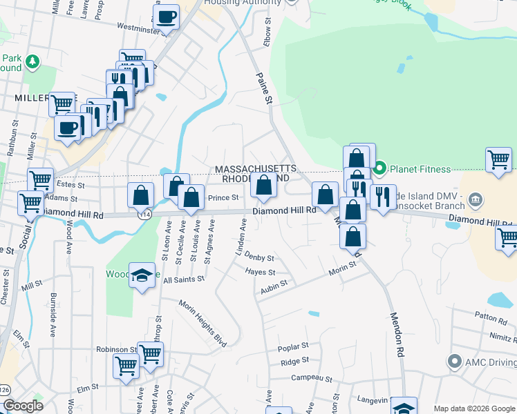 map of restaurants, bars, coffee shops, grocery stores, and more near 77 Rome Avenue in Woonsocket