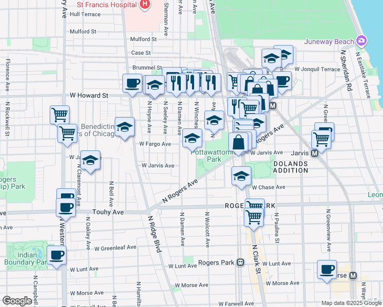 map of restaurants, bars, coffee shops, grocery stores, and more near 7384 North Winchester Avenue in Chicago