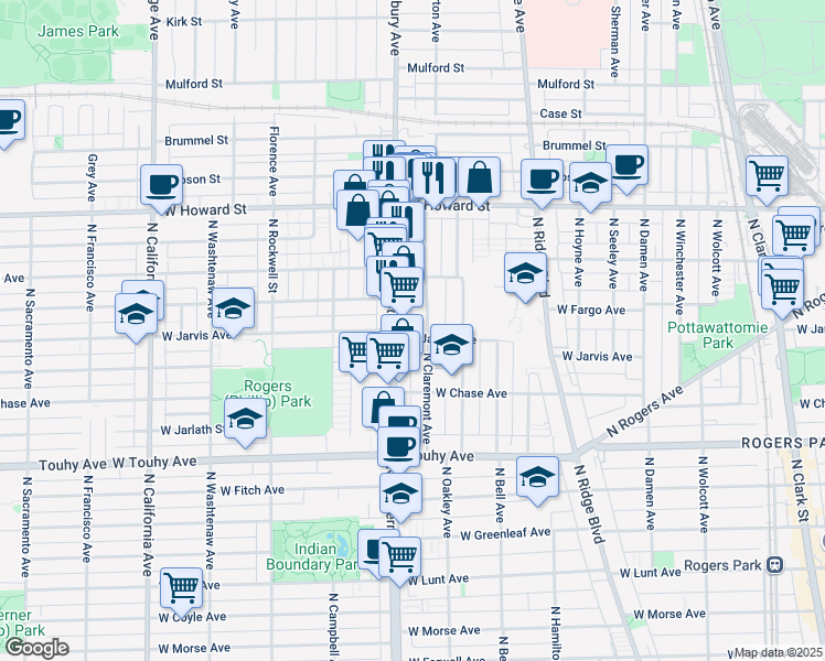 map of restaurants, bars, coffee shops, grocery stores, and more near 7425 North Western Avenue in Chicago